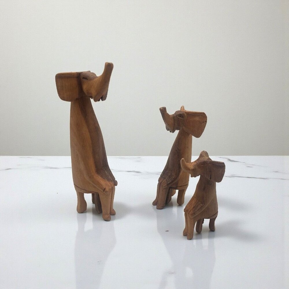Hand-Carved Wooden Sitting Elephant Figurines Set Of 3 Folk Art Aftrican